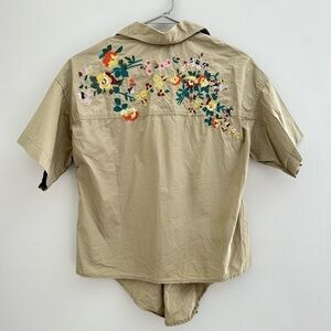 Madewell Khaki Floral Embroidered Tie-front Safari Blouse Size Small
